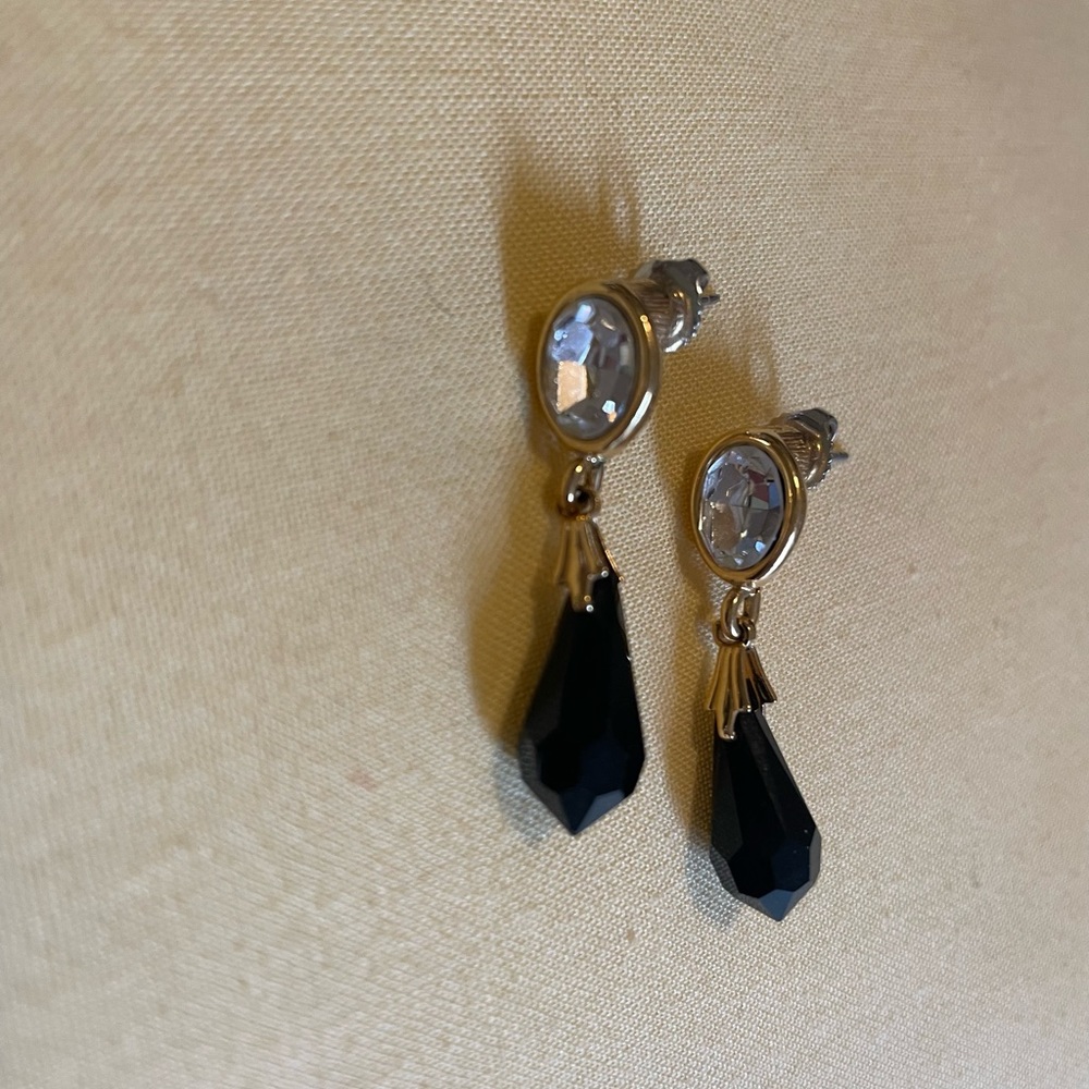 Crystal post earrings with black stone drops